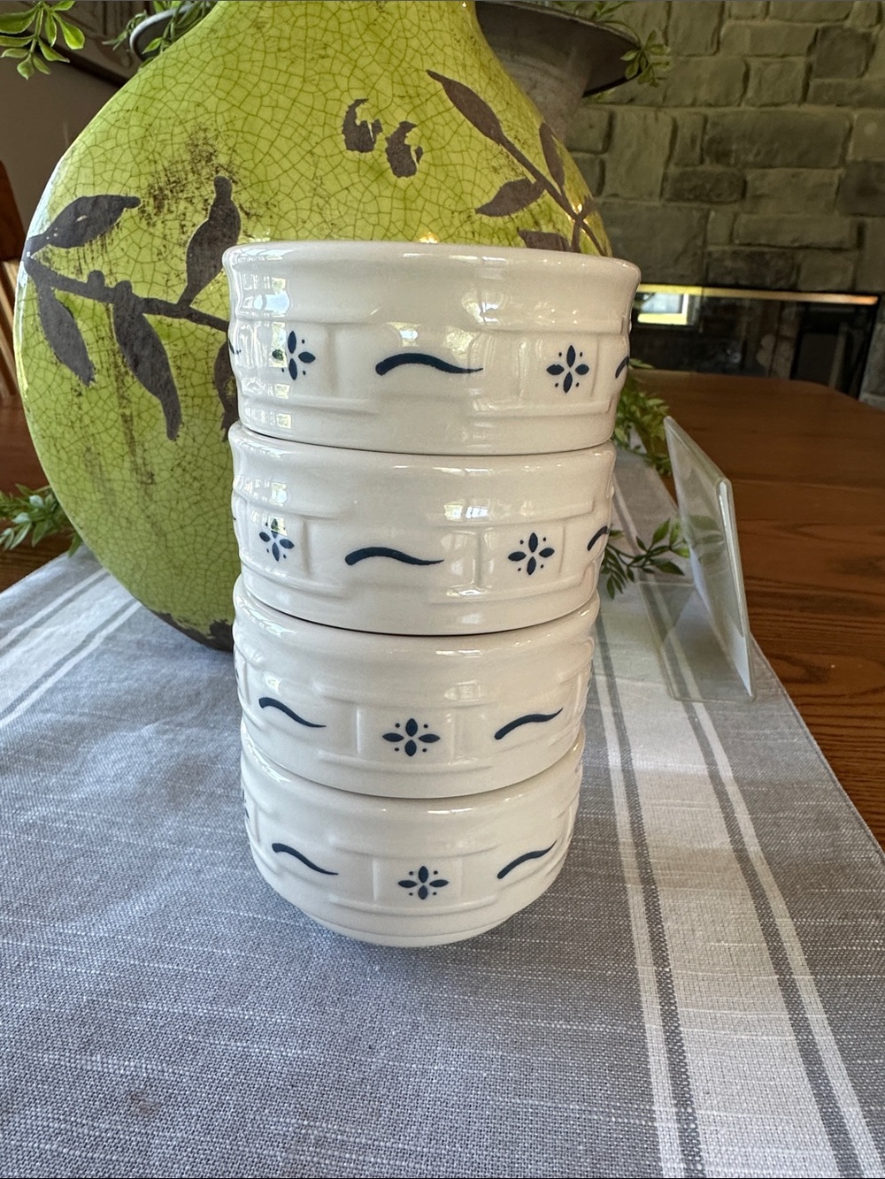 Longaberger White Ceramic Ramekins with Blue Logo Detail set of 4